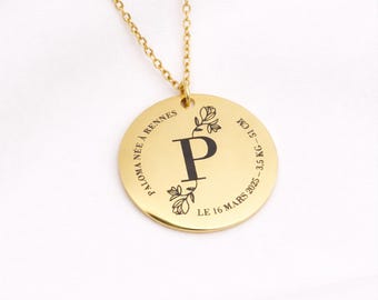 Personalized 14K Gold Medallion Necklace – Engraved Floral Initial Pendant, Stainless Steel Women's Jewelry, Personalized Gift