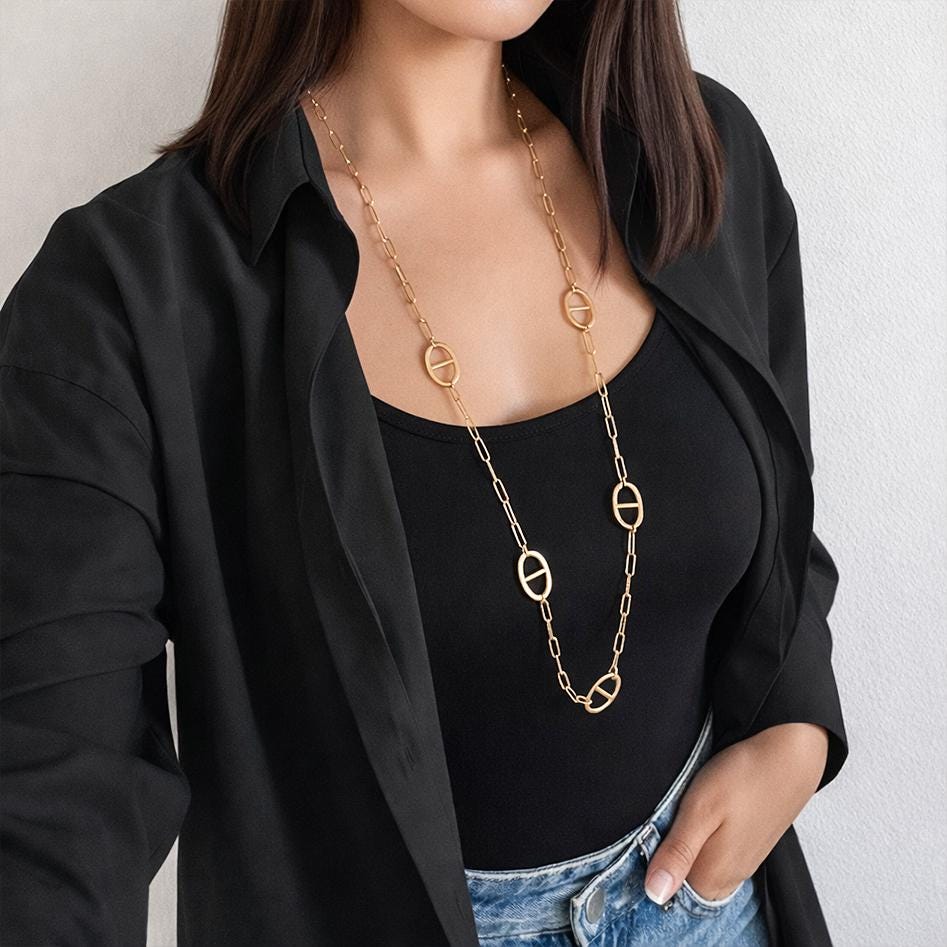 Collier Long Réglable Avec Pendentif Trèfle - Acier Inoxydable Doré - Neuf Sans Boîte