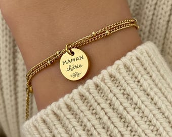 Personalized Mother's Bracelet – Adjustable Double Chain Bracelet with Engraved Charm, Gift Jewelry