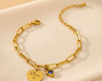 Personalized Name Bracelet – Women's Paperclip Chain Bracelet – Engraved Medal & Heart Stone – Gift for Women