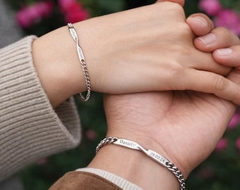 Personalized Couple Bracelet Engraved with Name & Date – Stainless Steel Bracelet for Men and Women – Gift for Lovers, Valentine's Day, Anniversary