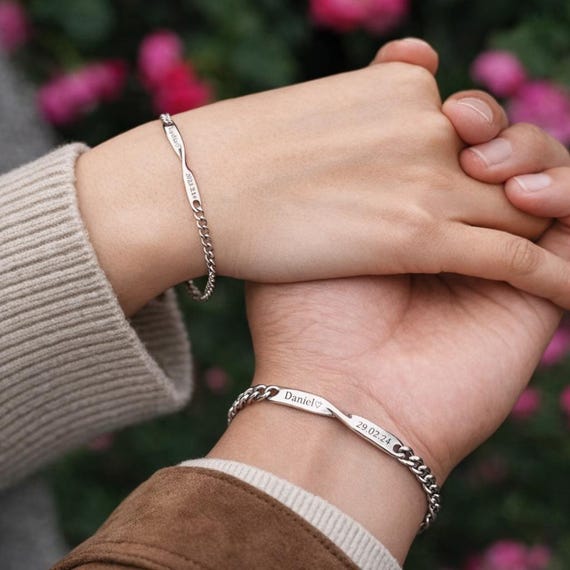 Bracelet Couple Personnalisé Gravé Nom & Date – Bracelet Homme Femme Acier Inoxydable – Cadeau Amoureux, Saint Valentin, Anniversaire