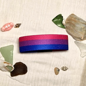 May include: A rectangular elastic headband featuring horizontal stripes in pink, purple, and blue. The accessory is surrounded by various seashells, including a small pink crab-shaped shell, a dark brown stone, and several pieces of sea glass.