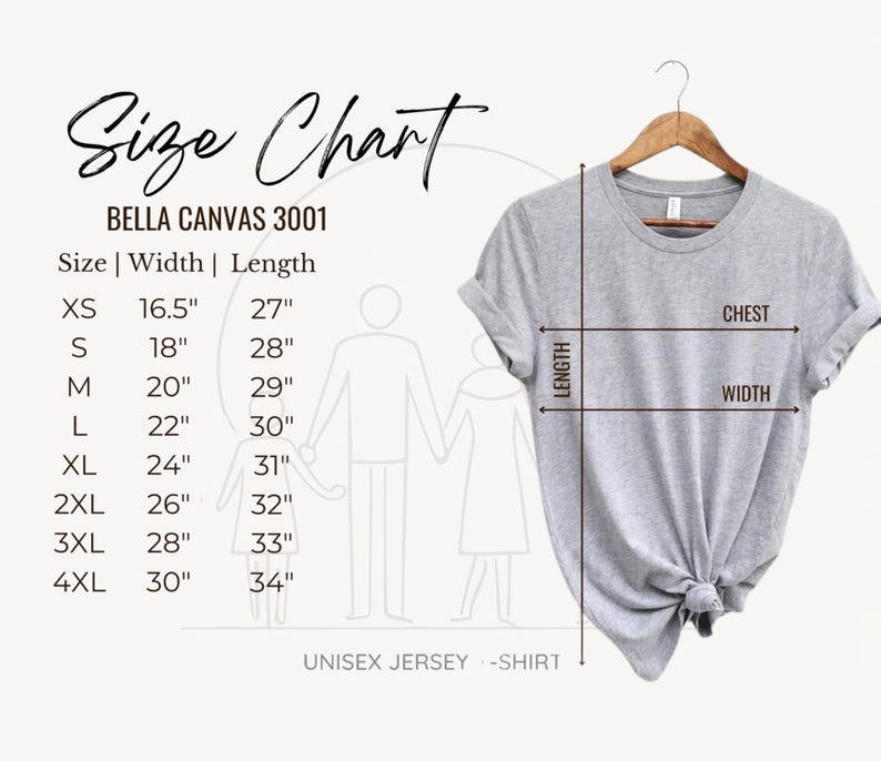 The image is a size chart for a gray t-shirt, providing measurements for different sizes such as XS, S, M, L, XL, 2XL, 3XL, and 4XL. The chart also includes a diagram of a person's torso and arms, along with the text "Size Chart" and "UNISEX JERSEY - SHIRT".