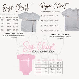 The image is a size chart for a t-shirt, providing measurements for different age groups and sizes. It includes a pink t-shirt and a gray t-shirt, along with corresponding width, length, and fit sizes. The chart also includes a size chart for a youth jersey short sleeve t-shirt, which is labeled as a "Bella + Canvas 300IT" t-shirt.
