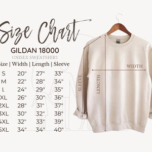 a size chart for a GILDA 1800 unisex sweatshirt, providing measurements for different sizes ranging from S to XL.