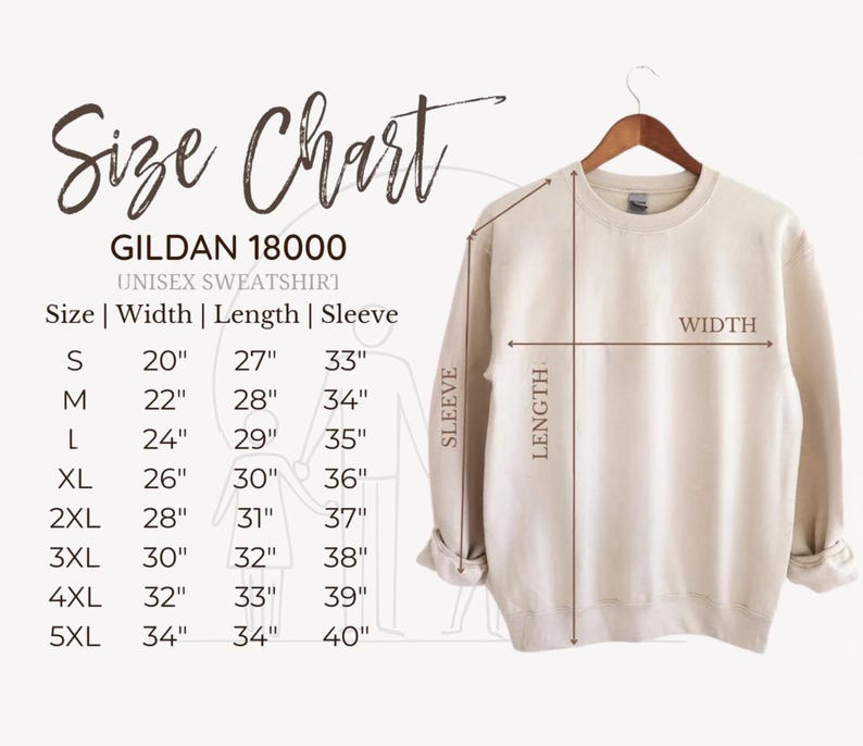 a size chart for a GILDA 1800 unisex sweatshirt, providing measurements for different sizes ranging from S to XL.