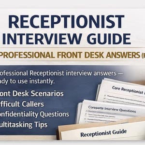 May include: A guide titled "RECEPTIONIST INTERVIEW GUIDE" with the text "60 PROFESSIONAL FRONT DESK ANSWERS (PDF)". The guide includes information on front desk scenarios, difficult callers, confidentiality questions, and multitasking tips. A small succulent plant in a white pot is visible.