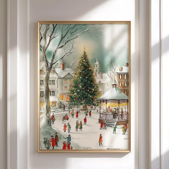 Winter Village Christmas Print, Snowy Town Holiday Wall Art, Cozy Seasonal Village Scene, Holiday Decorator Gifts