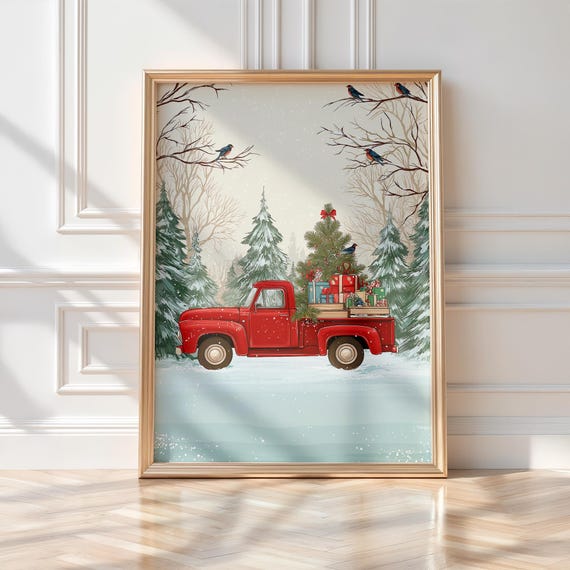 Vintage Red Truck Christmas Print: Holiday Wall Art