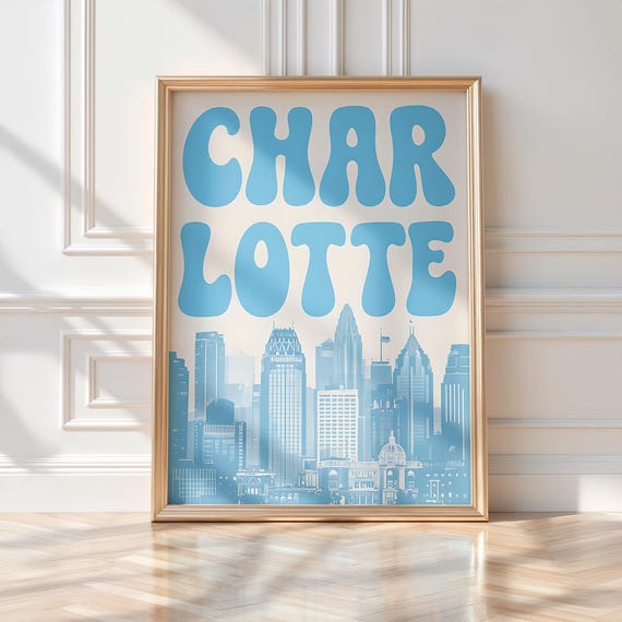 Charlotte North Carolina Print | Charlotte Skyline Print | Retro Blue Cityscape Poster | Digital Download