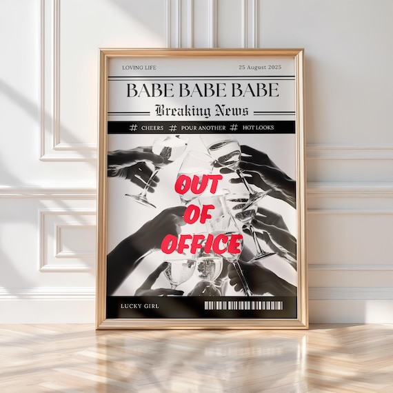 Cheerful cocktail art print | Good luck babe poster | Out of office poster | Out of Office Champagne Bar Cart Print | Champagne Print | Gift