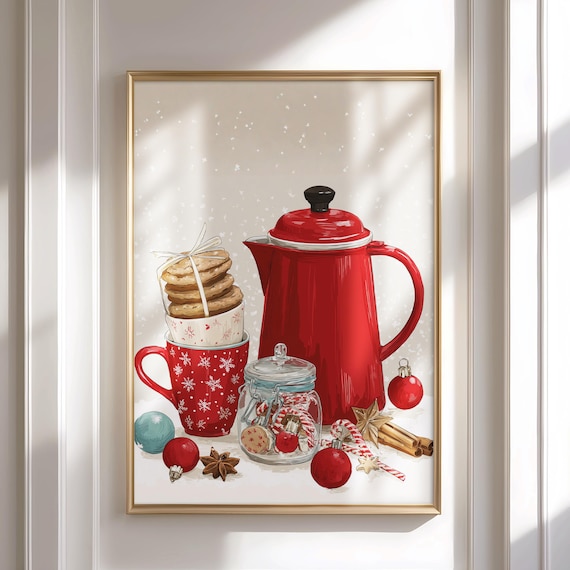 Festive Red Coffee Kettle Holiday Kitchen Poster, Christmas Cookies & Cocoa Wall Art, Christmas coffee poster