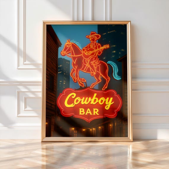 Cowboy Bar Neon Sign Print | Retro Western Wall Art | Rustic Americana Decor | Cowboy Aesthetic Poster | Vintage Bar Sign | Gift for Him