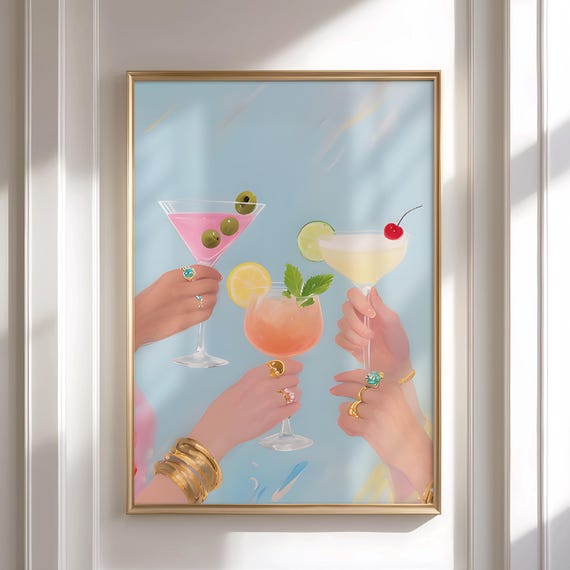 Blue Themed Cocktail Print, Martini Artwork for Home Decor, Blue Bar Cart Print, Retro Vintage Girls Night Out Poster, Blue Cheers Sign