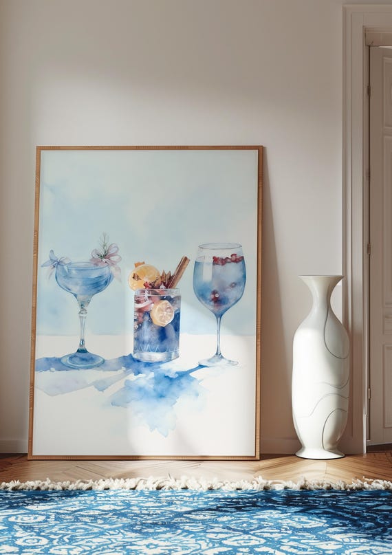 Blue Cocktail Art Print | Blue Cocktail Trio Art Print | Elegant Bar Cart Decor, Martini Art for Home Bar, Wedding or Housewarming Gift