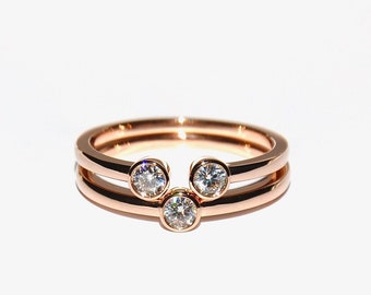 18K Gold Natural Diamond Solitaire & Double Band/Ring Set