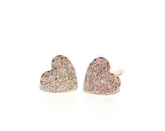 14k Pave Diamond Petite Heart Earrings/Studs