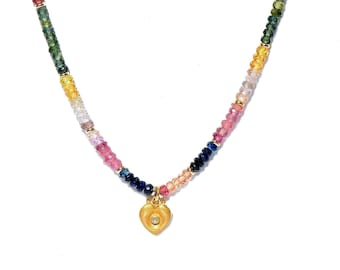 14K Diamond Heart Multi-Color Sapphire Layering Necklace