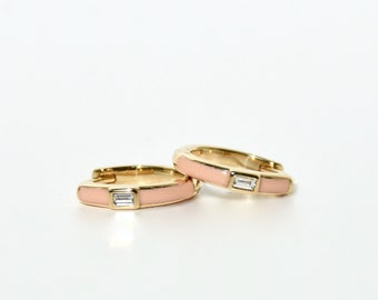 14K Gold Baguette Diamond Pink Enameled Mini Hoop/ Earrings