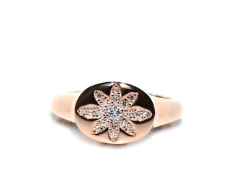 14k Gold Pave Diamond Starburst Signet Pinky Ring