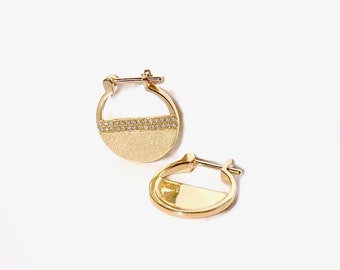 14K Brushed Gold & Diamond  Hoop Earrings