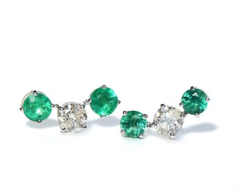 18k Emerald and Diamond 3 Stone Climber Earrings/Studs