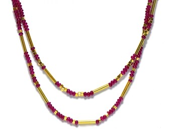 18K Gold Ruby Beaded Knotted Layering Choker/Necklace