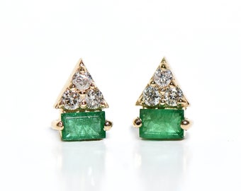 14k Baguette Emerald and Diamond Petite Earrings/Studs