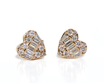 18k Cluster Baguette Diamond Large Heart Stud/Earrings