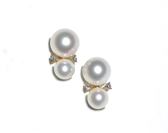 14k Double Pearl Diamond Studs/Earrings