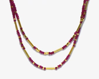 18K Gold Ruby Beaded Knotted Layering Choker/Necklace
