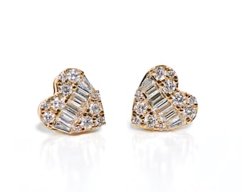 18k Cluster Baguette Diamond Large Heart Stud/Earrings