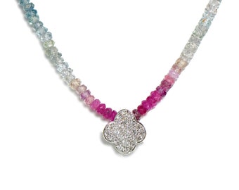 18k/14k Gold Pave Diamond Clover Multi-Color Sapphire Knotted Layering Necklace OOAK