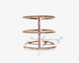 14k Gold Three Row Pave Diamond Cage Ring