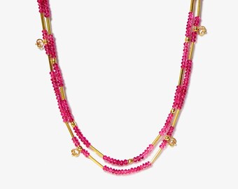 18K Gold & Rubellite Beaded Knotted Choker/Necklace