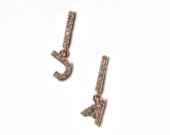 14k Pave Diamond Single Initial Letter Dangling Charm Earring