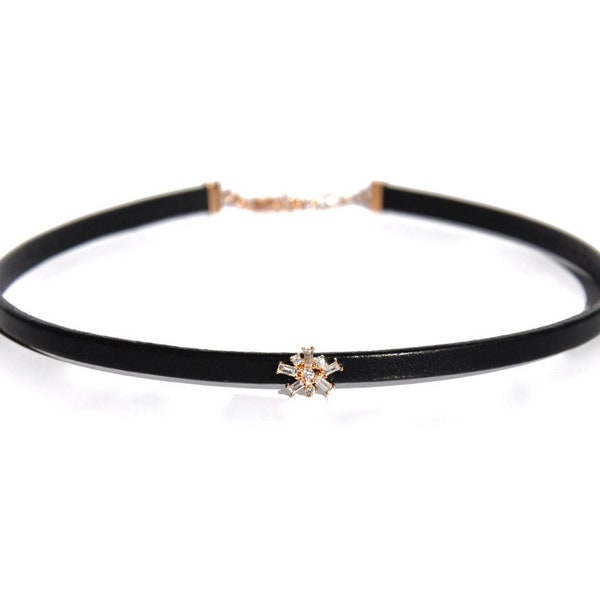 14K Baguette Diamond Starburst Leather Choker