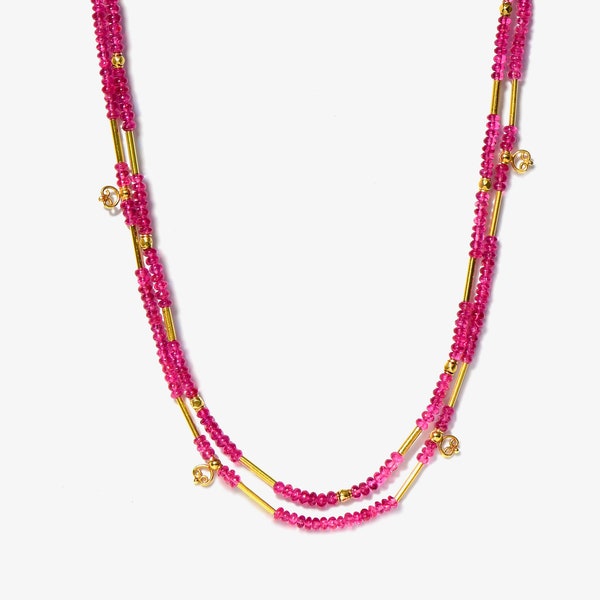 18K Gold Rubellite Beaded Knotted Choker/Necklace