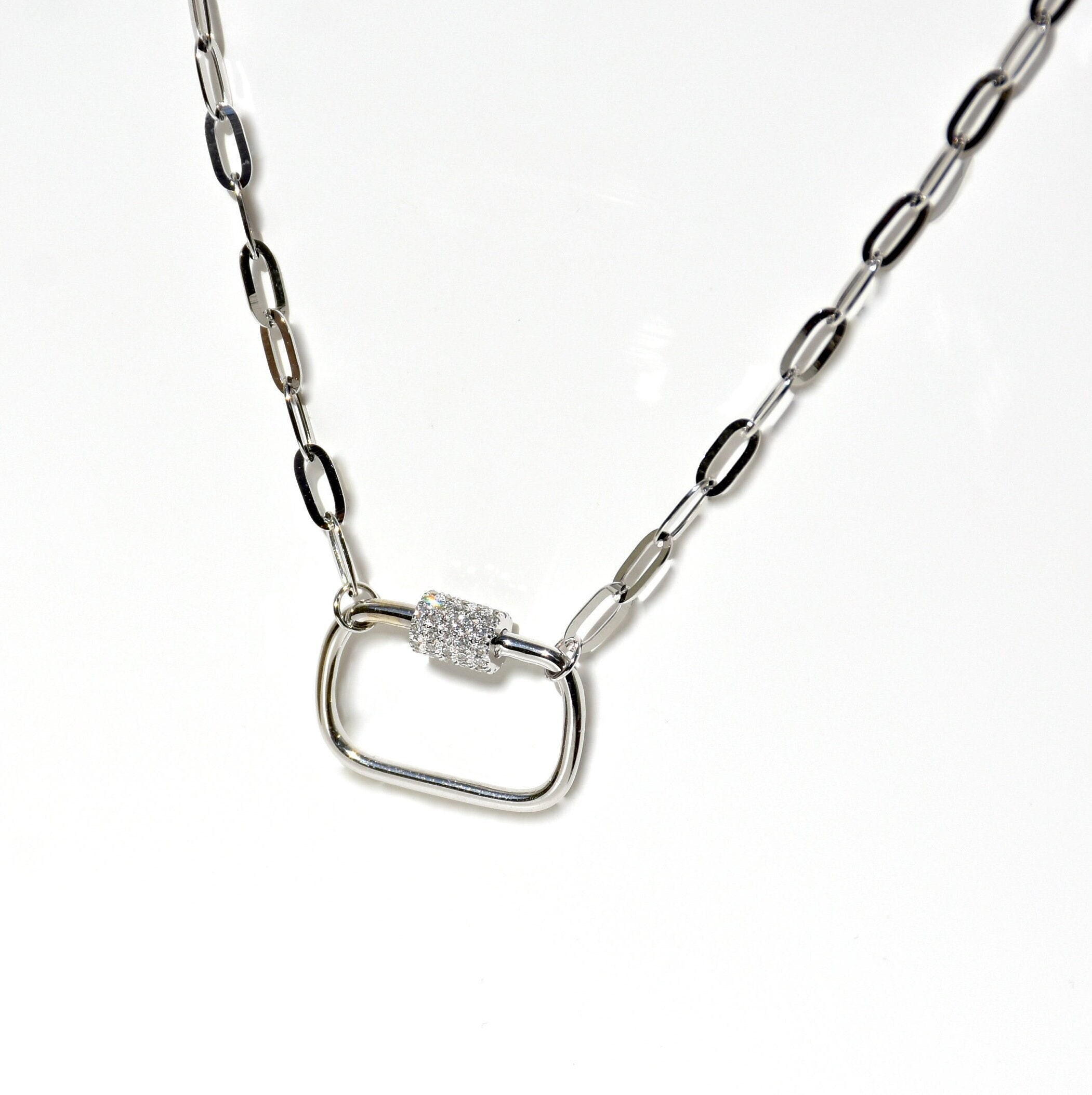 Diamond Carabiner Enhancer Lock Charm  14k Gold Carabiner Clasp and  Pendant, Herringbone Chain, Flat Snake Chain Necklace, Gift for Her