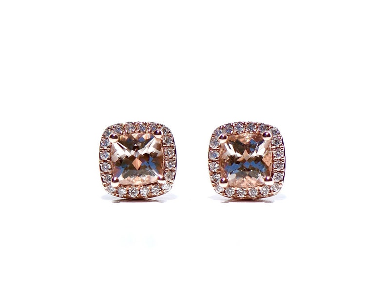 14k Morganite Diamond Halo MiNi Stud/Earrings image 1