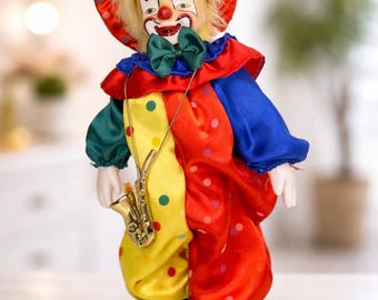 Vintage musikalisk clowndocka | Porslinshuvud, uppdragbar automat