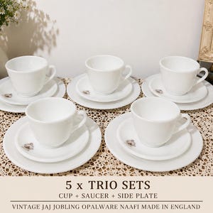 Vintage JAJ Jobling Opalware NAAFI Tea Trios Set of 5 | Made in England | White Milk Glass Cups Saucers & Side Plates