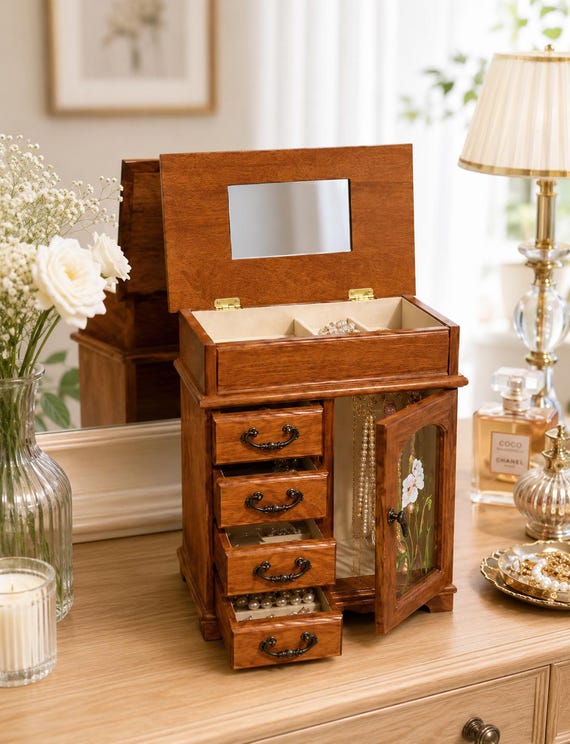 Vintage Wooden Jewelry Box Cabinet | Floral Glass Jewelry Armoire with Drawers & Mirror | Large Jewelry Organizer Chest