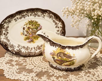 Vintage Palissy Royal Worcester Gravy Boat & Saucer Stand Set | Game Series Birds Pattern | Brown Transferware Ironstone Est 1853