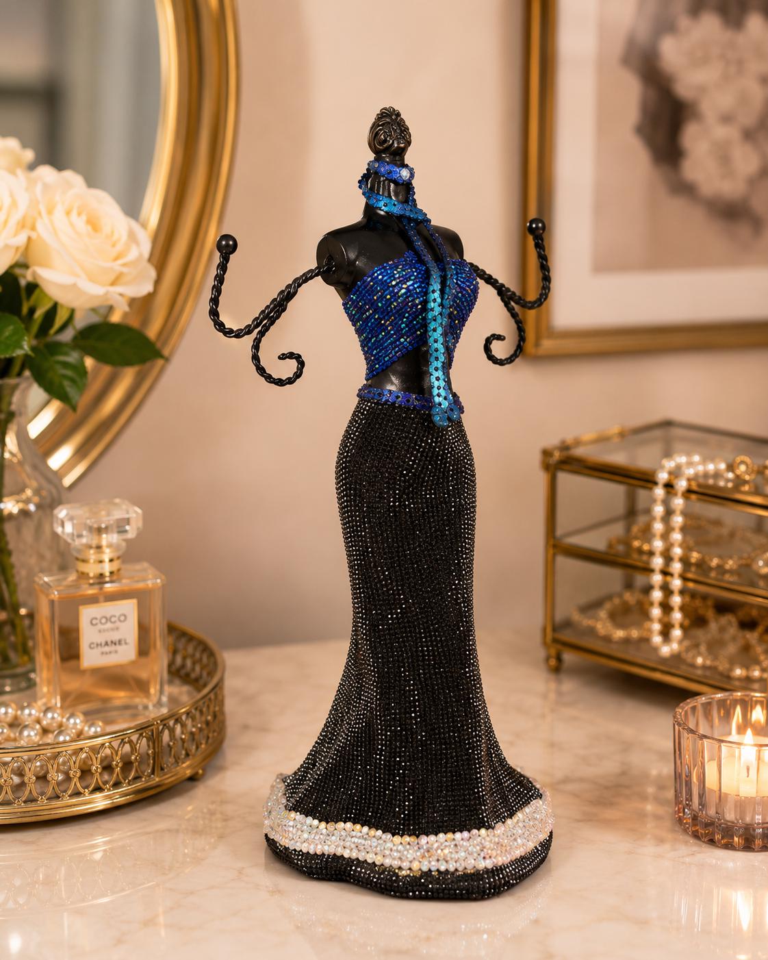 Jewellery Stand Lady Figurine | Blue Dress Mannequin Necklace Holder | Decorative Jewellery Organiser | Dressing Table Decor | Gift for Her