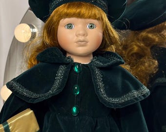 Vintage 1990's 16 Inch Porcelain Blonde Doll Green Christmas