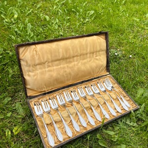 Può includere: Un set di dodici forchette d'argento in una scatola di legno vintage con fodera in raso dorato. Le forchette sono disposte ordinatamente, mostrando le loro superfici lucide e riflettenti. La scatola è aperta, sull'erba verde.