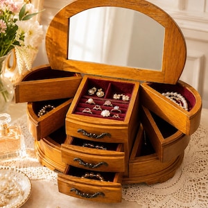 Large Mele Wooden Jewellery Box with Mirror | Vintage Style Jewellery Cabinet | Burl Wood Finish Ring Necklace Storage | Luxury Gift for Her