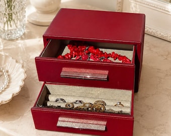 Vintage Jasper Conran Red Leather Jewellery Box | Y2K Designer 2 Drawer Jewellery Organizer | Vanity Storage Case